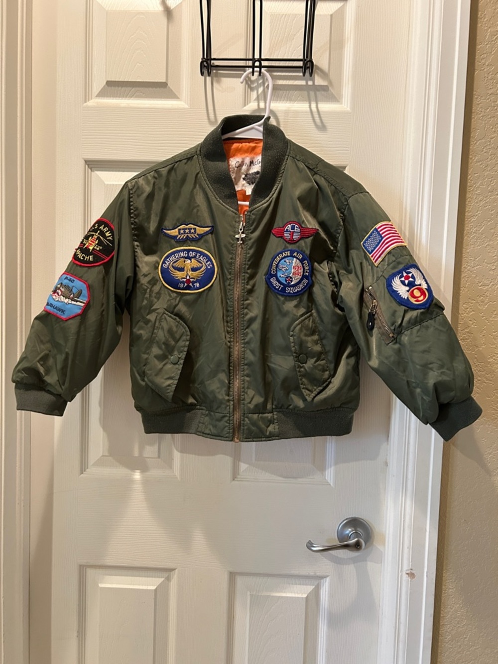 Kids Olive Green Bomber Jacket with Patch Details